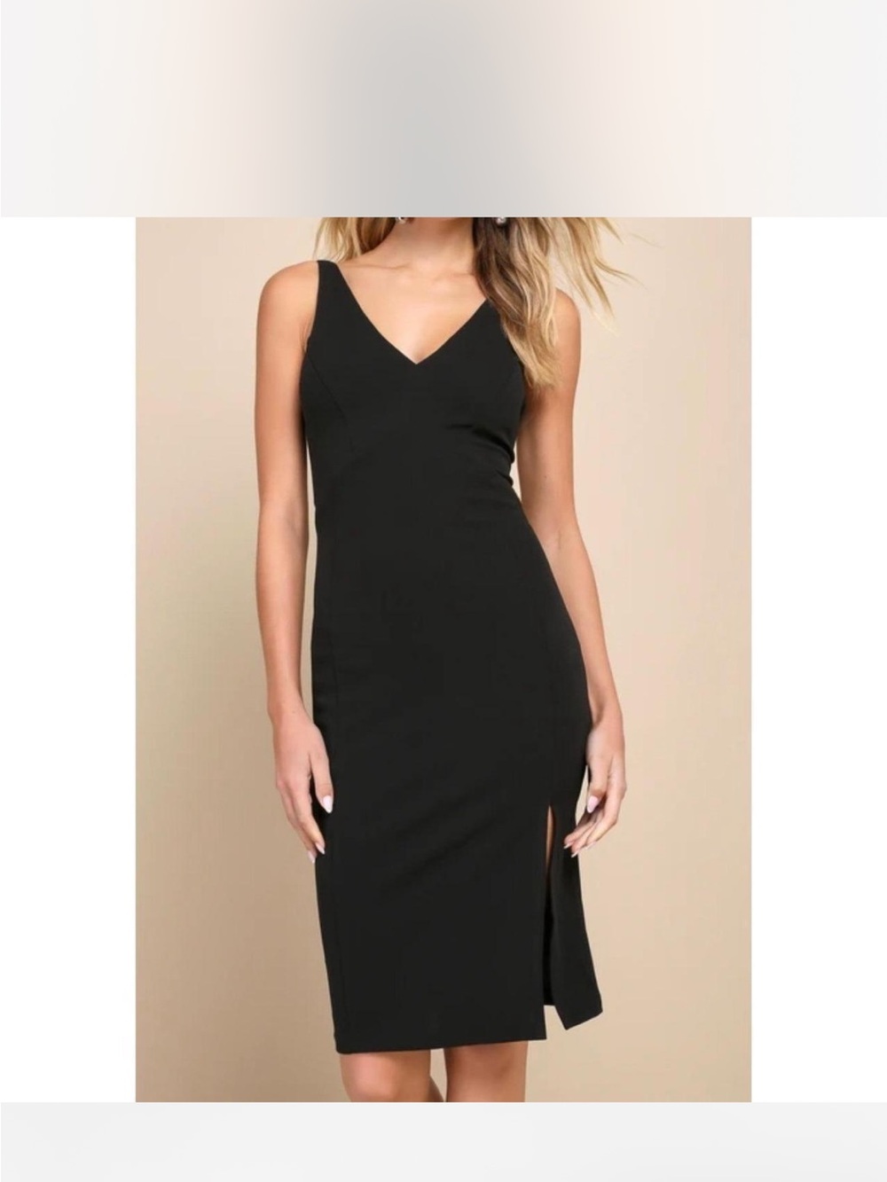 Lulu's Sleek Black V-Neck Midi Dress with Side Slit